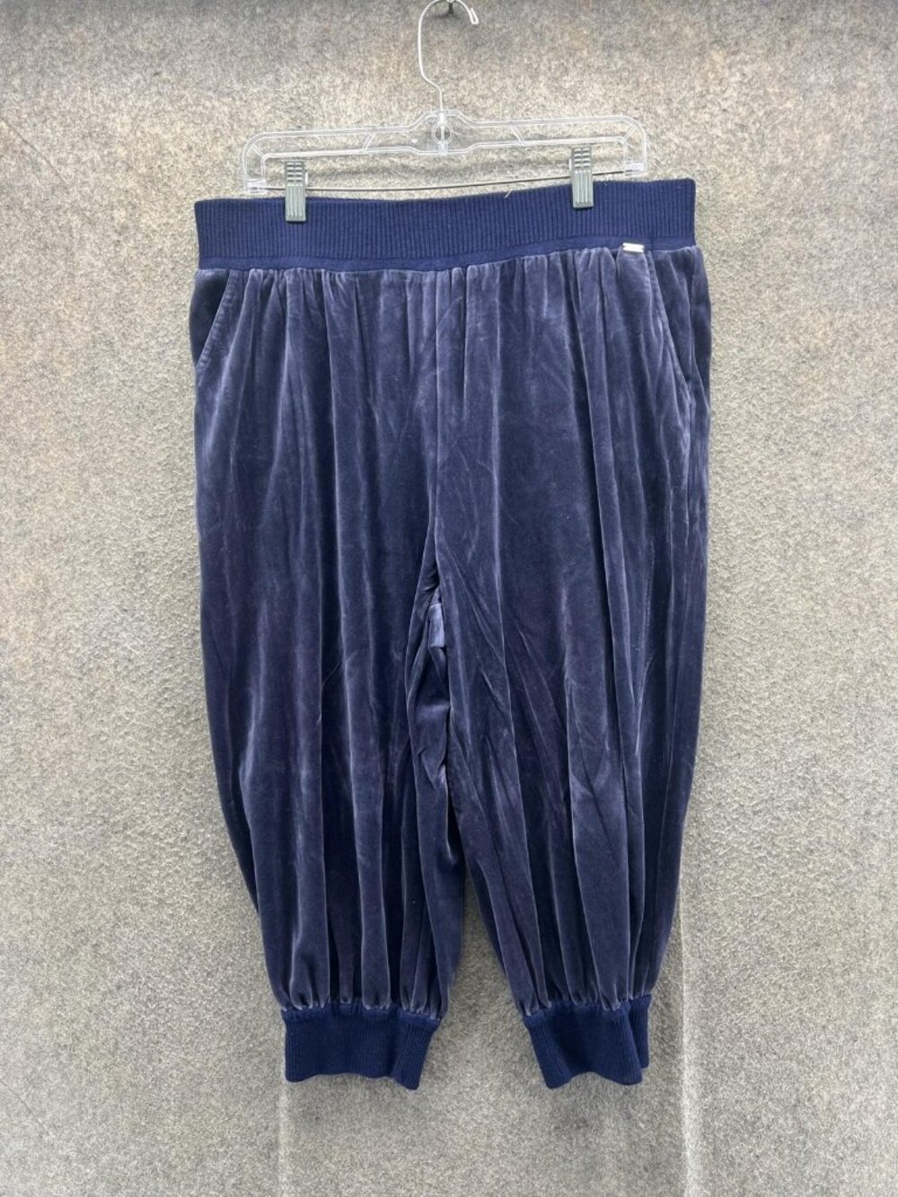 St. John Pants Womens XL Blue Velour Harem Relaxed Elastic Waist Cuffed Pockets
